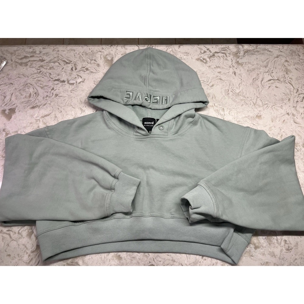 Herve Leger's Herve Cropped Hooded Sweatshirt Sage Green Sz XL